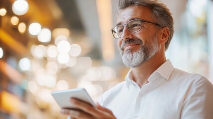 A smiling middle-aged man with glasses holds a tablet, showcasing joy and contentment, surrounded by a warm, modern ambiance in a lively environment of light.