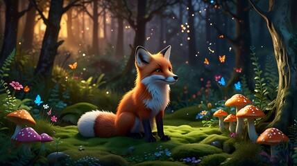 Fototapeta premium Enchanted Forest Fox: A whimsical, digital painting of a fox amidst glowing mushrooms and butterflies