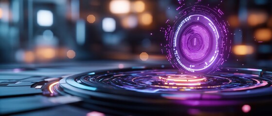 Futuristic holographic interface displaying data insights tech lab digital art urban environment close-up view innovation concept