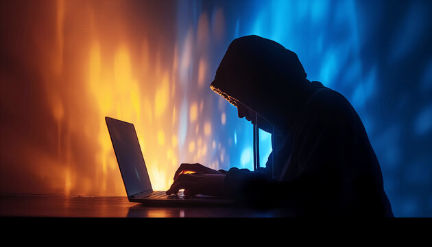 Silhouetted figure in hoodie sitting by laptop, illuminated gradient background. Camera angle captures profile evoking themes of cybersecurity, digital anonymity, darknet and personal data concept.