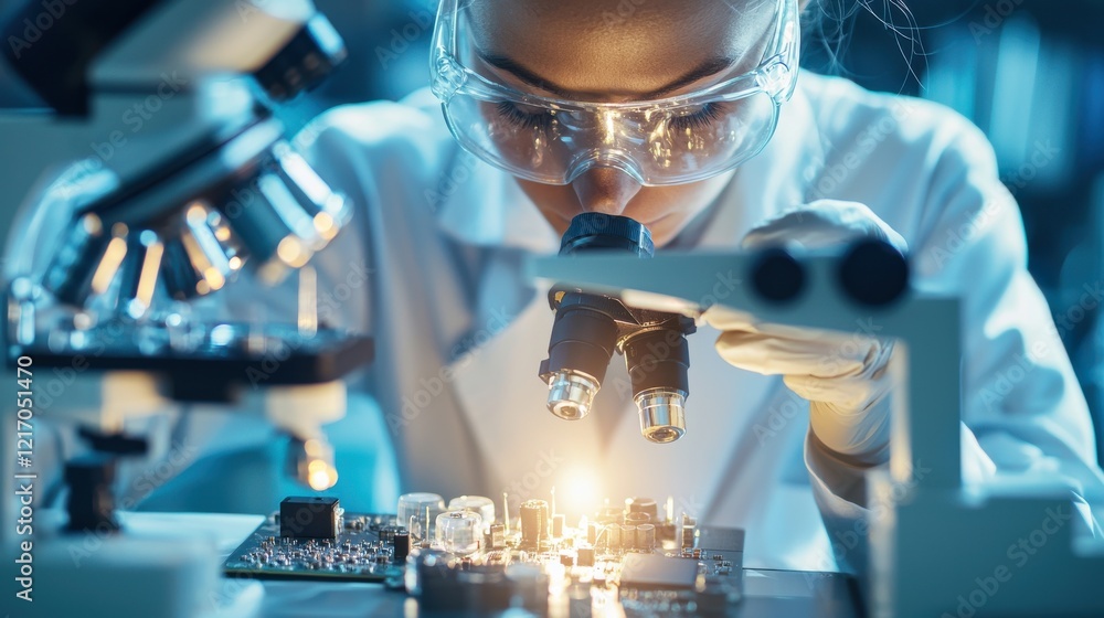 Poster scientist examining sample under microscope in laboratory