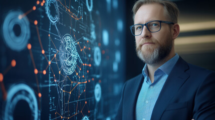 Businessman in Front of a Futuristic Data Screen