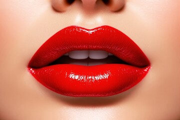 Fototapeta premium Close-up of glossy red lips with perfect makeup.