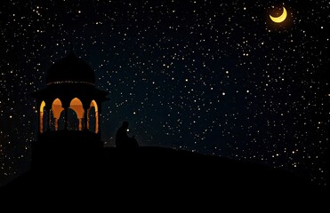 Naklejka premium Ramadan, night sky with stars and moon, Arabic lantern in the foreground on top of a hill, silhouette of a Muslim man sitting and praying inside an old mosque
