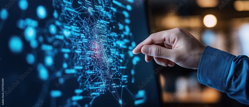 Poster digital interaction with data visualization on touchscreen modern office tech environment close-up v