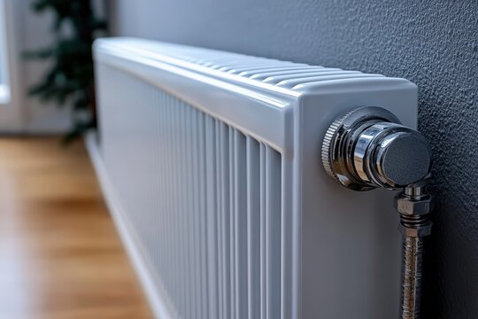 Modern White Metal Heating Radiator Installed on Wall in Contemporary Room with Wooden Floor and Soft Natural Lighting