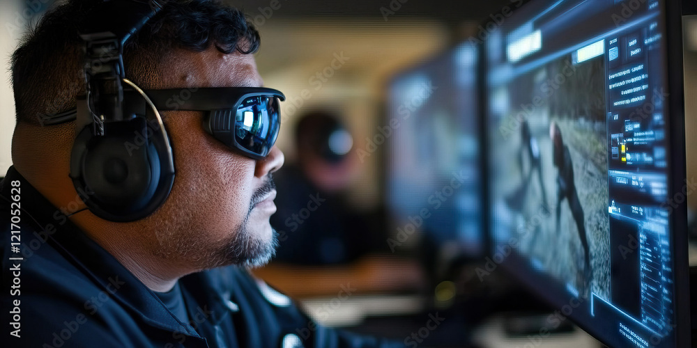 Poster man monitoring video footage on computer monitor