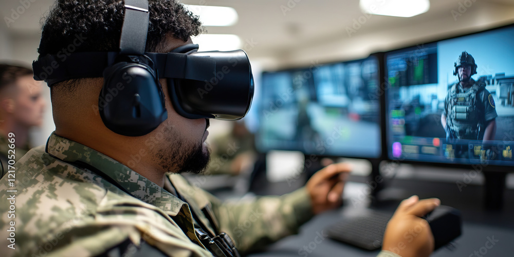 Poster soldier using virtual reality headset and computer monitors in military training simulation