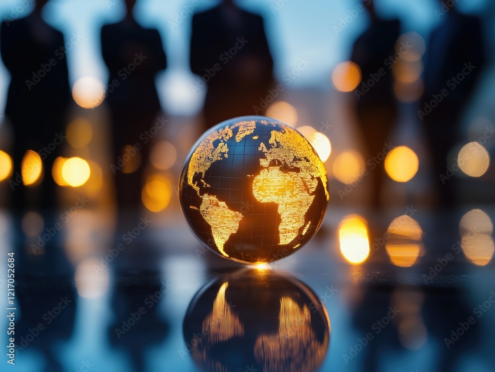 Poster global business meeting with illuminated globe urban setting photograph evening professional network