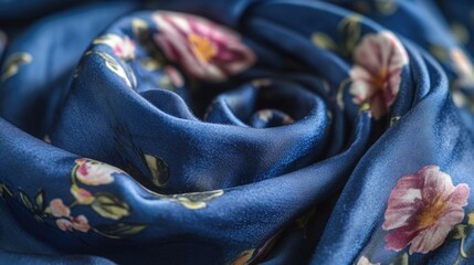 Fototapeta premium A detailed view of a blue scarf adorned with pink flowers, perfect for fashion or lifestyle use