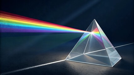 This image shows a clear, triangular prism dispersing a beam of white light into a visible spectrum of colors
