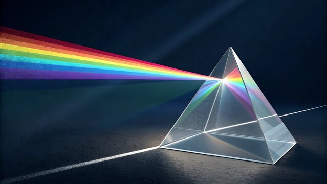 This image shows a clear, triangular prism dispersing a beam of white light into a visible spectrum of colors