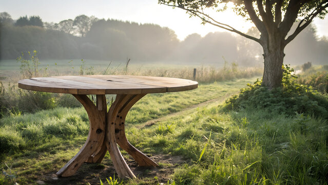 An empty rustic wood table in the middle of a nature background,empty, rustic, wood, table, middle, nature, background, pro, photo, landscape, field, sky, summer, clouds, agriculture, blue, rural, whe