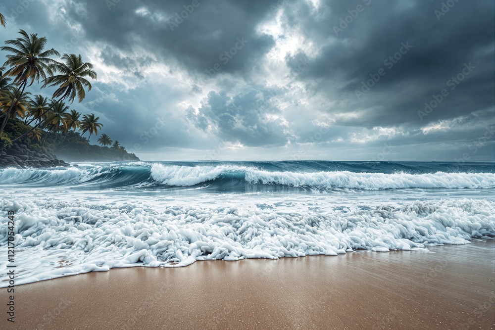 Poster tropical beach with foamy waves under dramatic cloudy sky and palm trees in the background.
