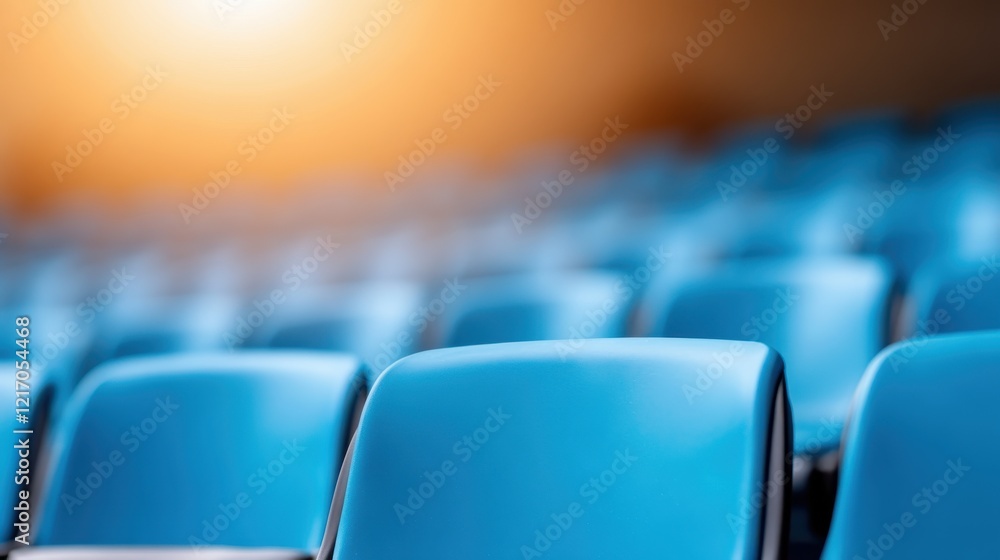 Aufkleber the image showcases a series of empty blue stadium seats arranged in neat rows, illuminated by natur