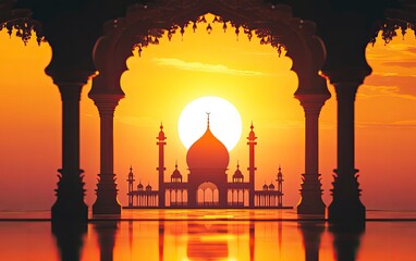 Simple vector graphics, minimalist-style illustration of the background silhouette of a mosque at night