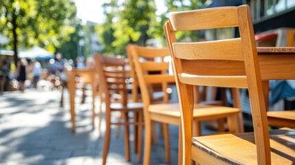 A charming outdoor cafe scene showcasing wooden chairs in sunlight, inviting patrons to relax and enjoy their time in a lively atmosphere filled with greenery.