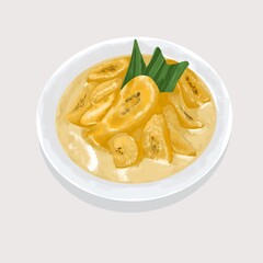 illustration of traditional banana compote food from Indonesia. Banana soup with banana colored coconut milk sauce and pandan leaves is served in a bowl.
