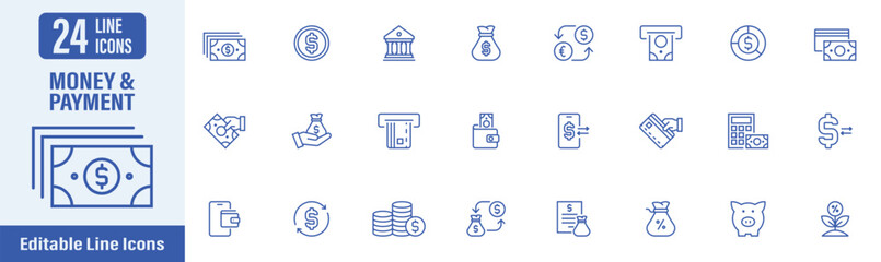 Payment and Money web icons in line style. Payment, money, transfer, atm card, banking, credit, debit, cash and more. Vector illustration.