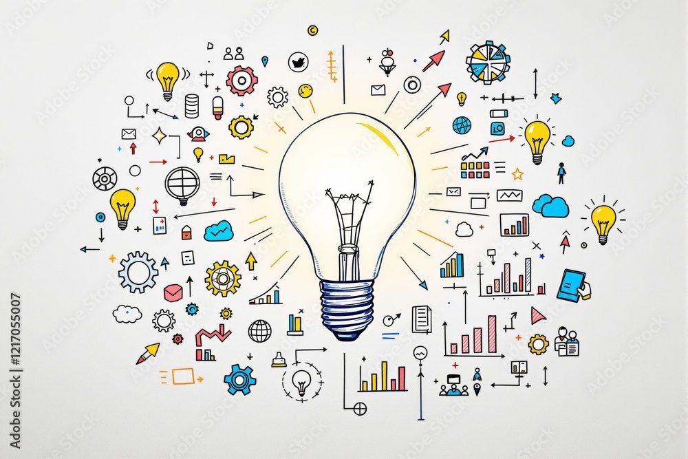 Aufkleber abstract illustration of a glowing light bulb surrounded by creative iconography on white background