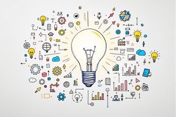 Abstract illustration of a glowing light bulb surrounded by creative iconography on white background.