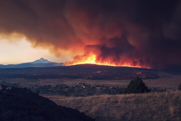 Fototapeta premium Mountainous terrain with a forest fire burning in the distance, surrounded by wilderness