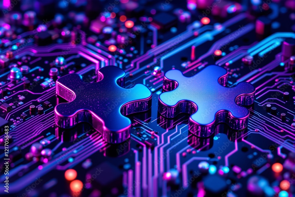 Poster puzzle pieces on a neon-lit circuit board background, symbolizing technology integration and innovat