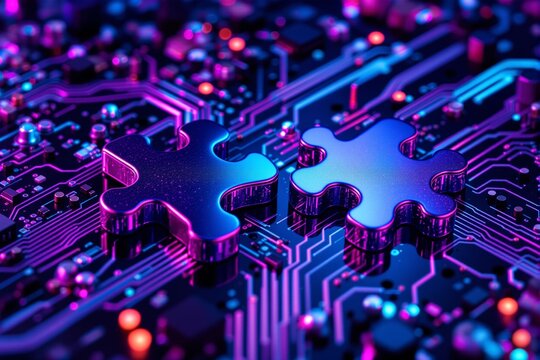 Puzzle pieces on a neon-lit circuit board background, symbolizing technology integration and innovation.