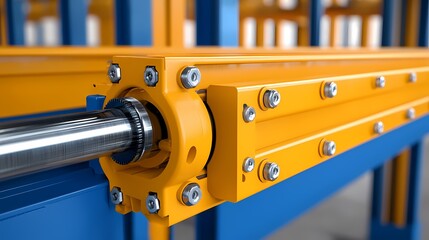 A close-up view of a mechanical component featuring a shiny metal shaft and bright orange and blue elements, highlighting engineering precision and design.
