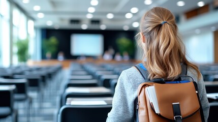 A young student with a backpack stands in a modern lecture hall, preparing to engage in academic learning with peers. The setting symbolizes potential and future success.