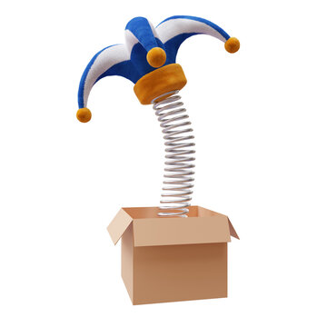 Fools hat on a spring out of a box isolated on white, transparent, April fools day surprise 