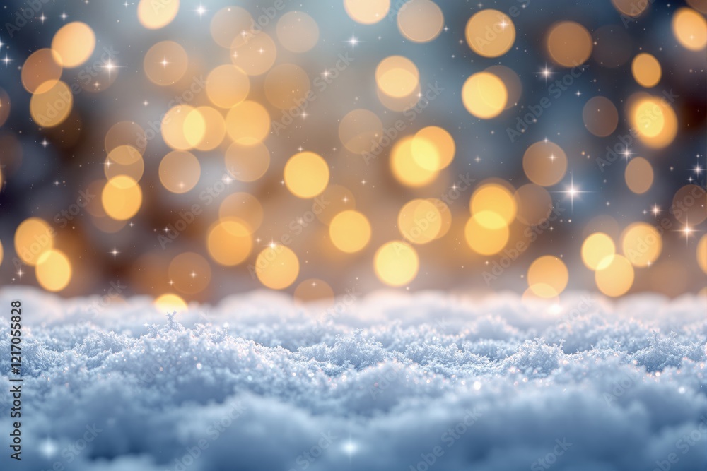 Poster Abstract glowing bokeh lights with snow-covered surface in foreground, creating a festive and dreamy atmosphere.