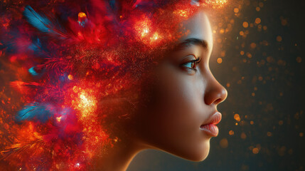In a dynamic and artistic portrayal, a young person's head is surrounded by a vibrant explosion of colors symbolizing creativity and inspiration