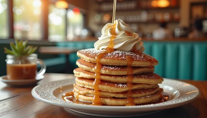 Stack of pancakes with dulce de leche in cozy cafe, perfect for breakfast menus
