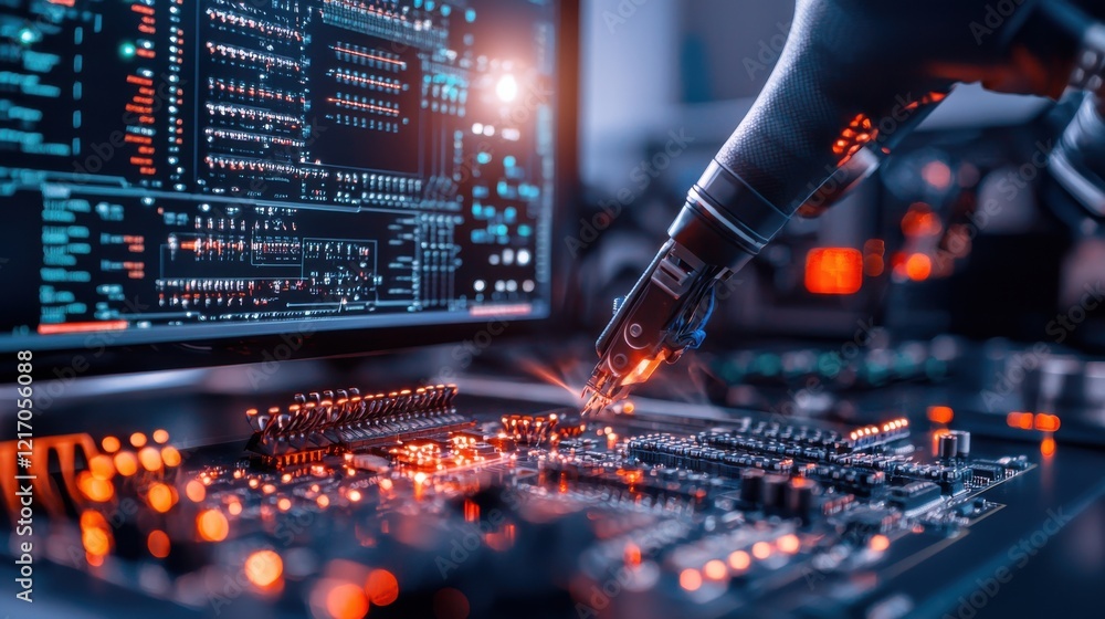 Poster intricate computer motherboard with illuminated circuits and electronic components