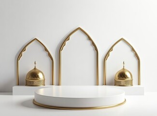 Simple white background with a podium for product display, Ramadan Islamic concept on the right side, and golden mosque elements on the left side. Minimal composition mock-up, banner design