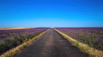 Naklejka premium Scenic Lavender Fields Stretching Along a Serene Road Provence France Nature Photography Bright Blue Sky Tranquil Landscape
