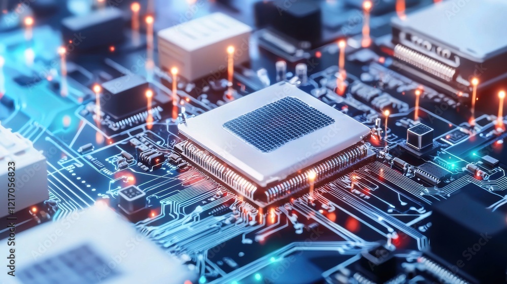 Poster closeup of intricate computer circuit board with microchips and processors