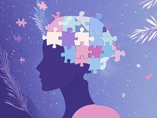 Human head with puzzle pieces. Autism, memory loss, dementia, epilepsy and consciousness. World mental health day and world parkinson's day concept. Vector illustration