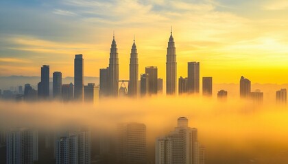 Fototapeta premium Kuala Lumpur cityscape enveloped in yellowish fog highlighting air quality challenges in urban environments.