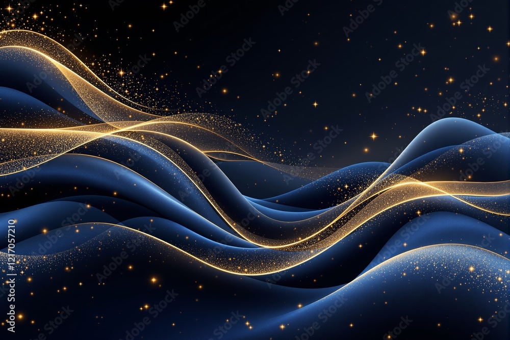 Poster abstract golden waves and sparkling particles over dark blue wavy texture background.
