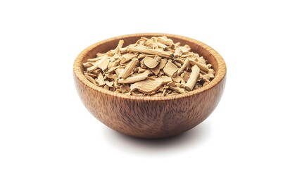 Dried herbal pieces in wooden bowl, isolated.  Use  health, food, recipe ingredient.