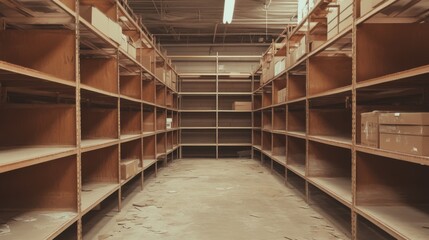 Fototapeta premium Empty warehouse interior with wooden shelves and scattered boxes, highlighting storage space