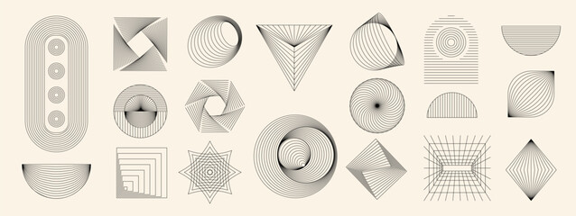 Hand drawn abstract mid century modern minimal element mid century vector set in dark shades . Aesthetic modern striped line art, geometric shapes in monochrome. Perfect design collection for home