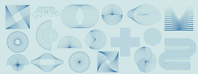 Hand drawn abstract mid century modern minimal element mid century vector set in blue shades . Aesthetic modern striped line art, geometric shapes in monochrome. Perfect design collection for home