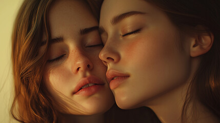 A striking and emotional portrait of twins standing closely together, their identical features subtly contrasted by unique expressions or details. The soft, natural lighting enhances their connection 