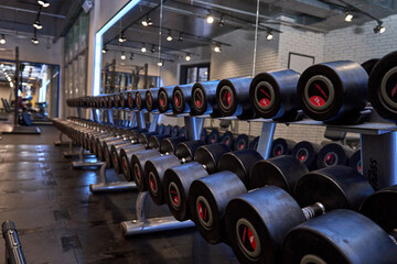 A dumbbell rack for bodybuilding. Working with free weight.