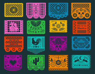 Big set of Mexican Decorative Papel Picado Garland with Ornament, Sombrero Hat and Maracas. Paper Cutting Flags, Day of the Dead Pattern Garland