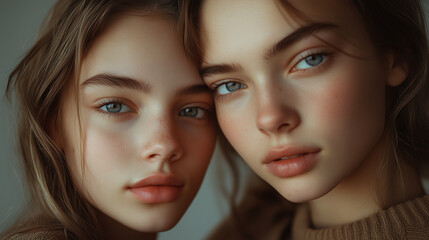 Fototapeta premium A striking and emotional portrait of twins standing closely together, their identical features subtly contrasted by unique expressions or details. The soft, natural lighting enhances their connection 