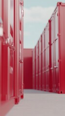 Fototapeta premium A symmetrical perspective view of a row of vibrant red cargo containers under a clear sky, suggesting preparation for international shipping.